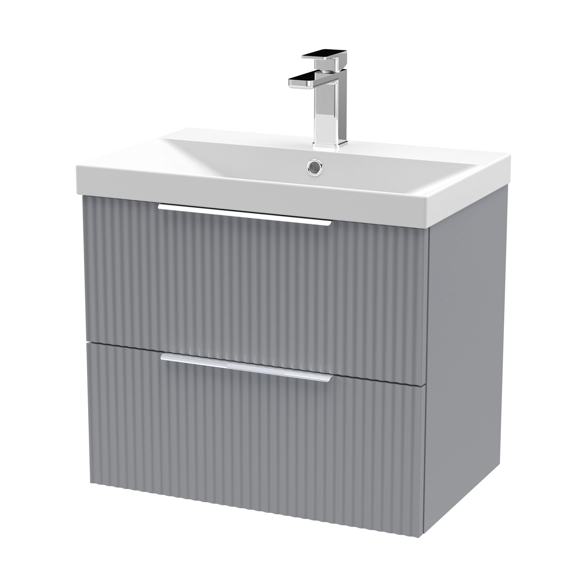 [BFFF293D] Tixall Fluted 2 Drawer Wall Hung Vanity Unit with Thin Edge Basin, Satin Grey, 600mm - Cutout