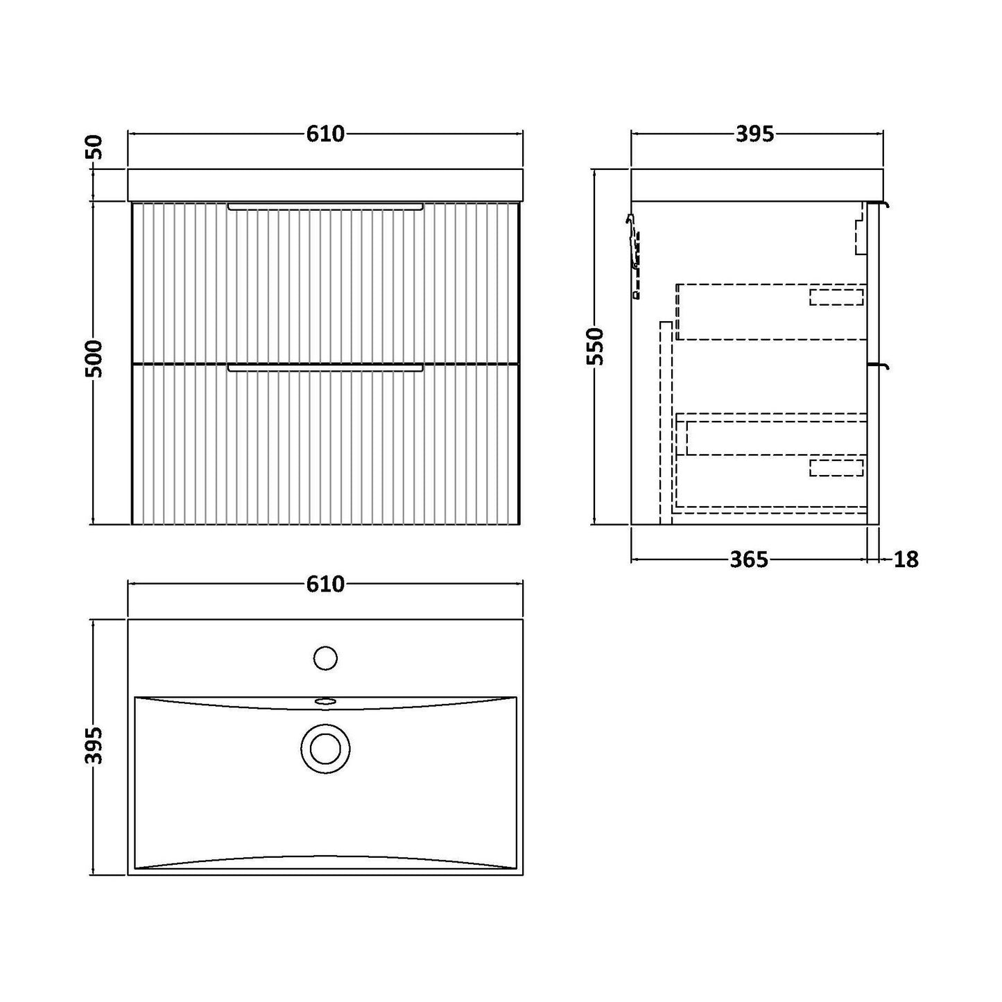 [BFFF293D] Tixall Fluted 2 Drawer Wall Hung Vanity Unit with Thin Edge Basin, Satin Grey, 600mm - Technical Drawing