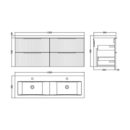 [BFFF293F] Tixall Fluted 4 Drawer Wall Hung Vanity Unit with Double Basin, Satin Grey, 1200mm - Technical Drawing