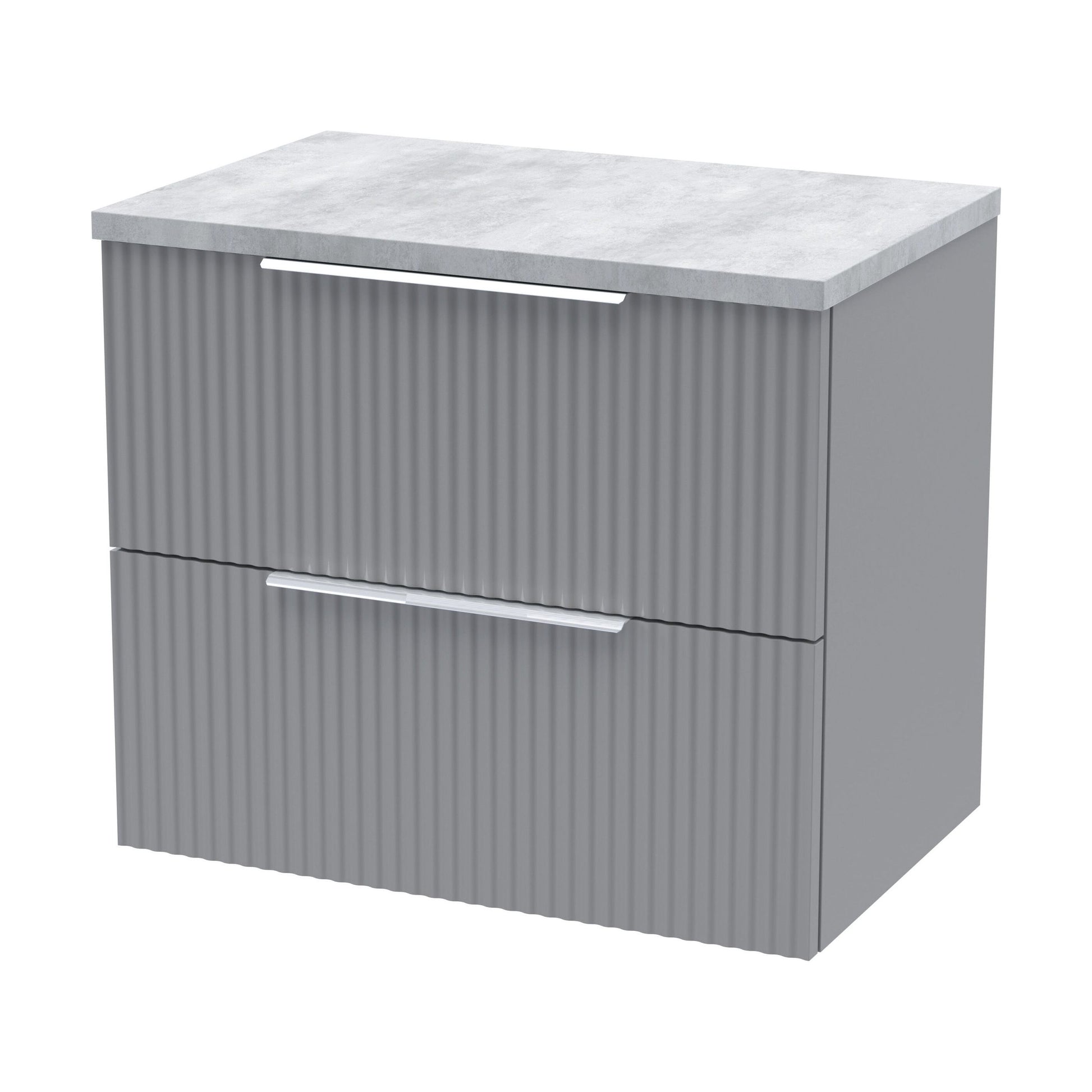 [BFFF293LBG] Tixall Fluted 2 Drawer Wall Hung Vanity Unit with Laminate Worktop, Satin Grey, 600mm - Cutout