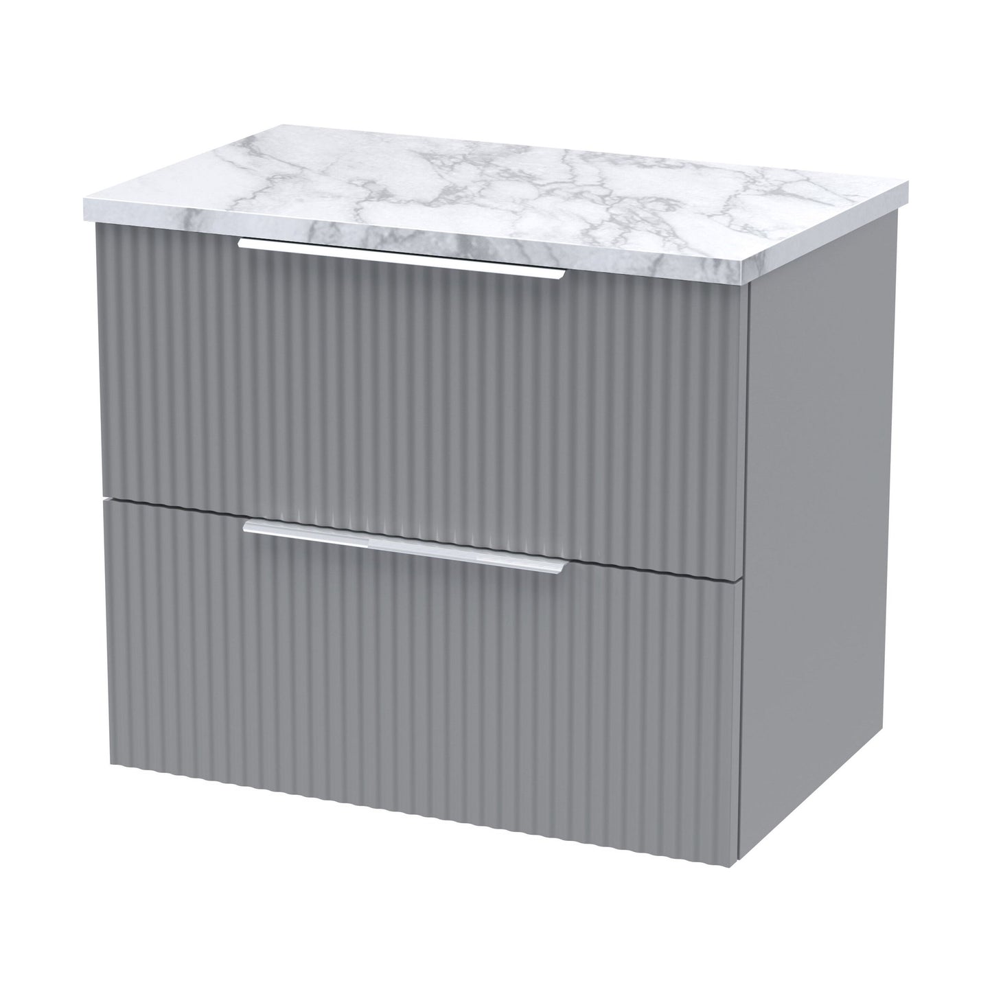 [BFFF293LCM] Tixall Fluted 2 Drawer Wall Hung Vanity Unit with Laminate Worktop, Satin Grey, 600mm - Cutout