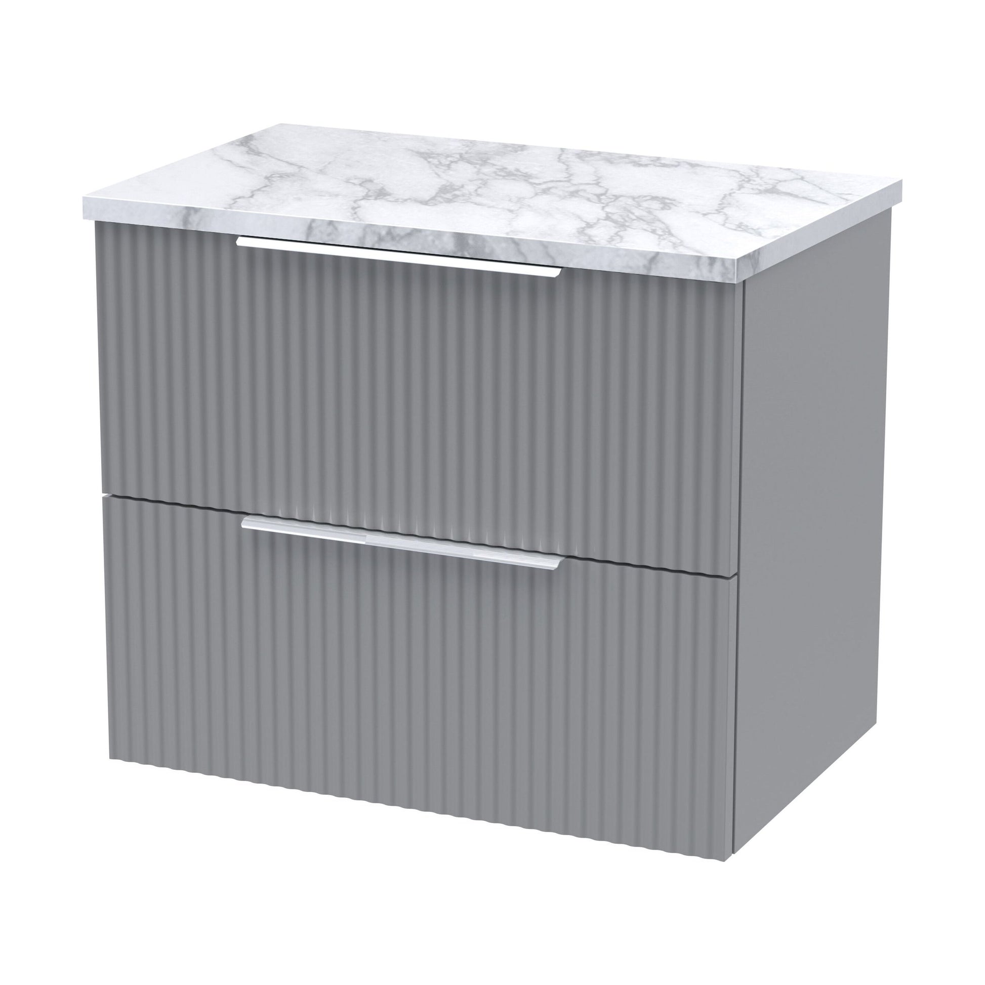 [BFFF293LCM] Tixall Fluted 2 Drawer Wall Hung Vanity Unit with Laminate Worktop, Satin Grey, 600mm - Cutout
