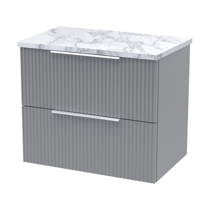 [BFFF293LCM] Tixall Fluted 2 Drawer Wall Hung Vanity Unit with Laminate Worktop, Satin Grey, 600mm - Cutout