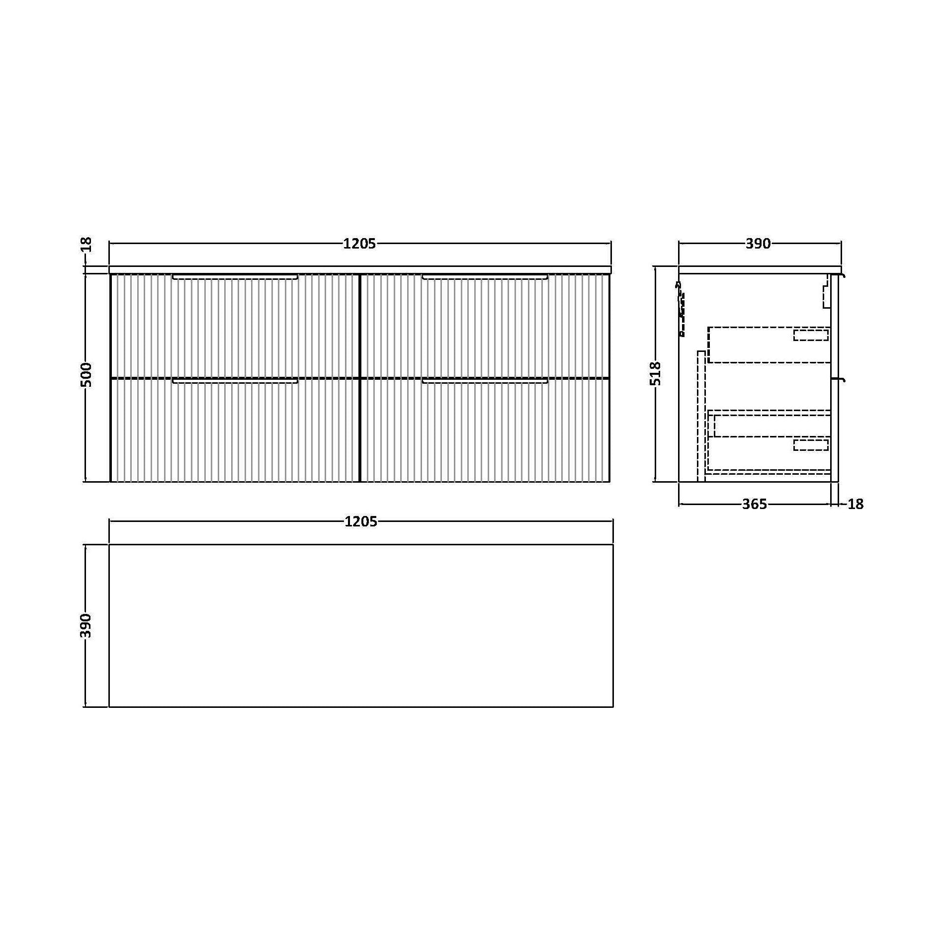 [BFFF293W2] Tixall Fluted 4 Drawer Wall Hung Vanity Unit with Worktop, Satin Grey, 1200mm - Technical Drawing