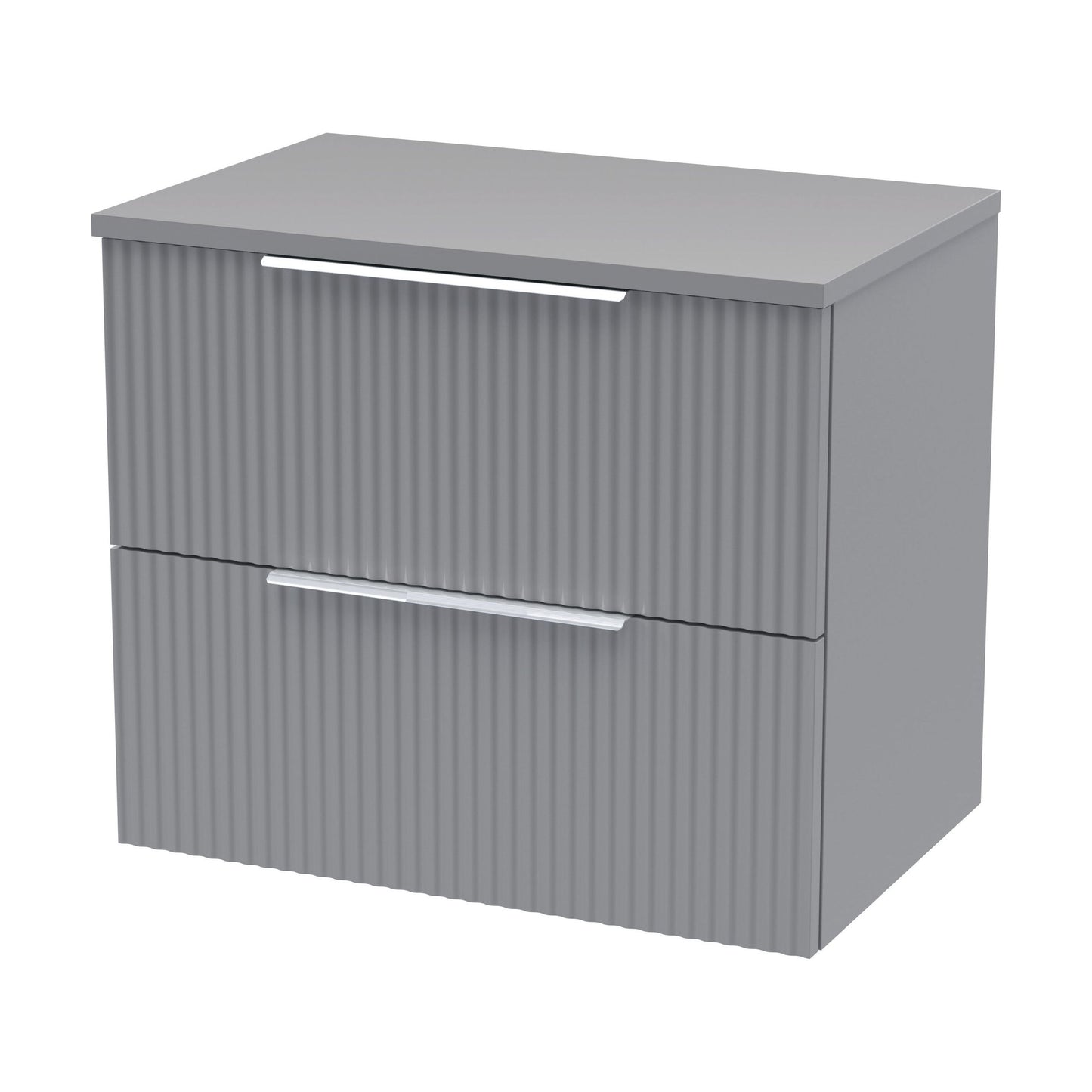 [BFFF293W] Tixall Fluted 2 Drawer Wall Hung Vanity Unit with Worktop, Satin Grey, 600mm - Cutout