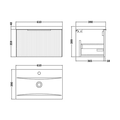 [BFFF294A] Tixall Fluted Front Wall Hung Vanity Basin Unit with Choice of Size, Colour and Handle Options - Technical Drawing