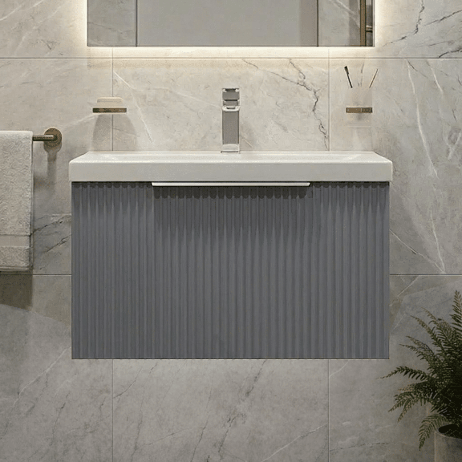 [BFFF294A] Tixall Fluted Front Wall Hung Vanity Basin Unit with Choice of Size, Colour and Handle Options - Silo
