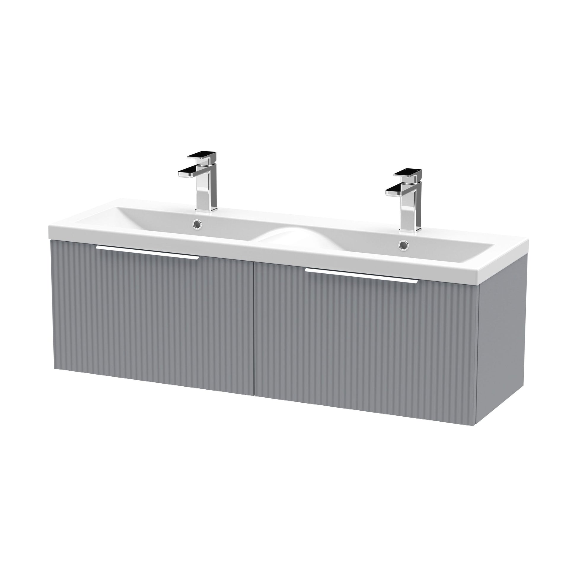 [BFFF294F] Tixall Fluted 2 Drawer Wall Hung Vanity Unit with Double Basin, Satin Grey, 1200mm - Cutout