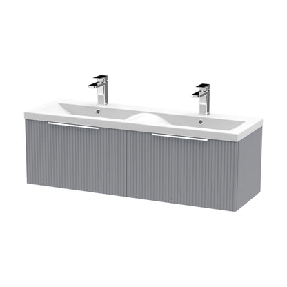 [BFFF294F] Tixall Fluted 2 Drawer Wall Hung Vanity Unit with Double Basin, Satin Grey, 1200mm - Cutout