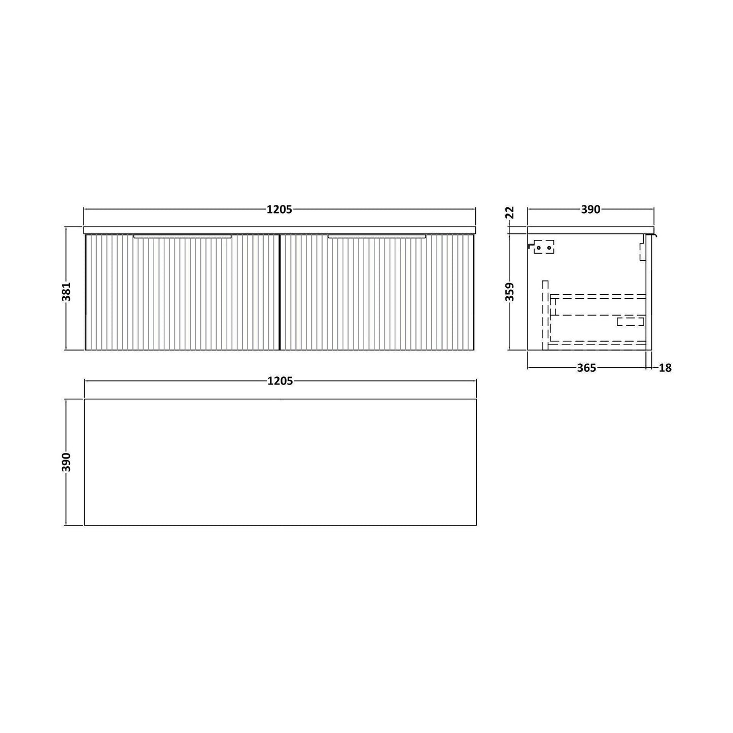 [BFFF294LBG2] Tixall Fluted 2 Drawer Wall Hung Vanity Unit with Laminate Worktop, Satin Grey, 1200mm - Technical Drawing