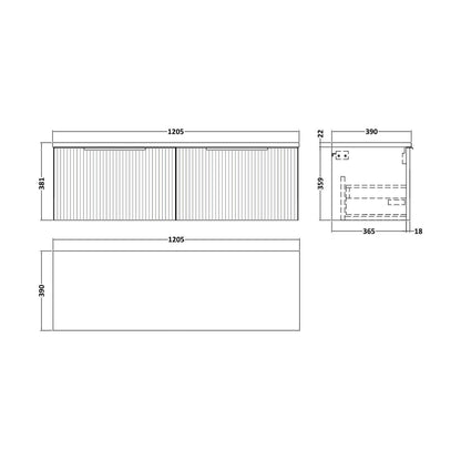 [BFFF294LBG2] Tixall Fluted 2 Drawer Wall Hung Vanity Unit with Laminate Worktop, Satin Grey, 1200mm - Technical Drawing