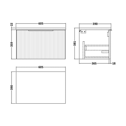 [BFFF294LBG] Tixall Fluted 1 Drawer Wall Hung Vanity Unit with Laminate Worktop, Satin Grey, 600mm - Technical Drawing
