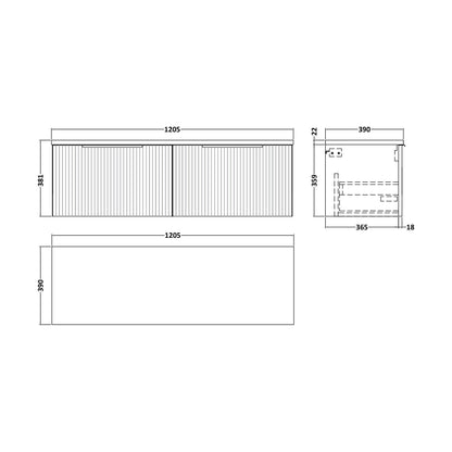 [BFFF294LCM2] Tixall Fluted 2 Drawer Wall Hung Vanity Unit with Laminate Worktop, Satin Grey, 1200mm - Technical Drawing