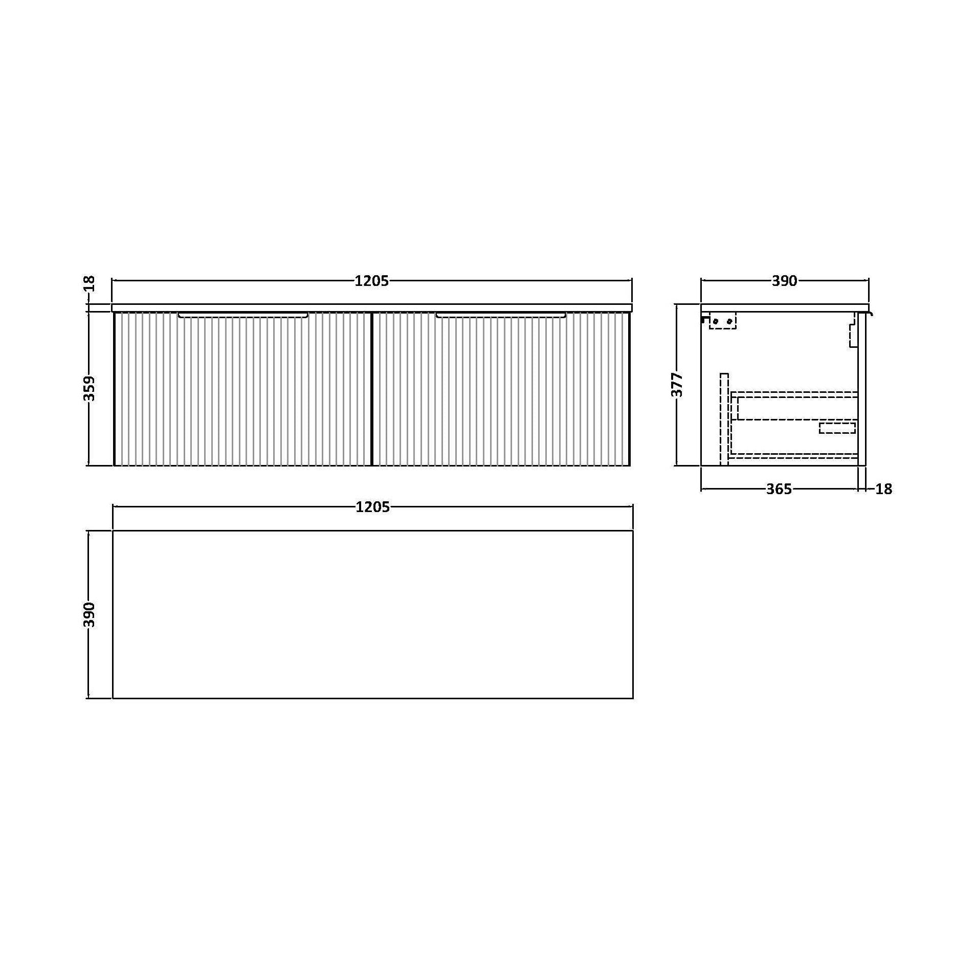 [BFFF294W2] Tixall Fluted 2 Drawer Wall Hung Vanity Unit with Worktop, Satin Grey, 1200mm - Technical Drawing