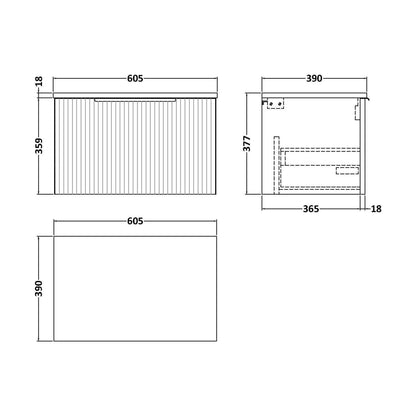 [BFFF294W] Tixall Fluted 1 Drawer Wall Hung Vanity Unit with Worktop, Satin Grey, 600mm - Technical Drawing