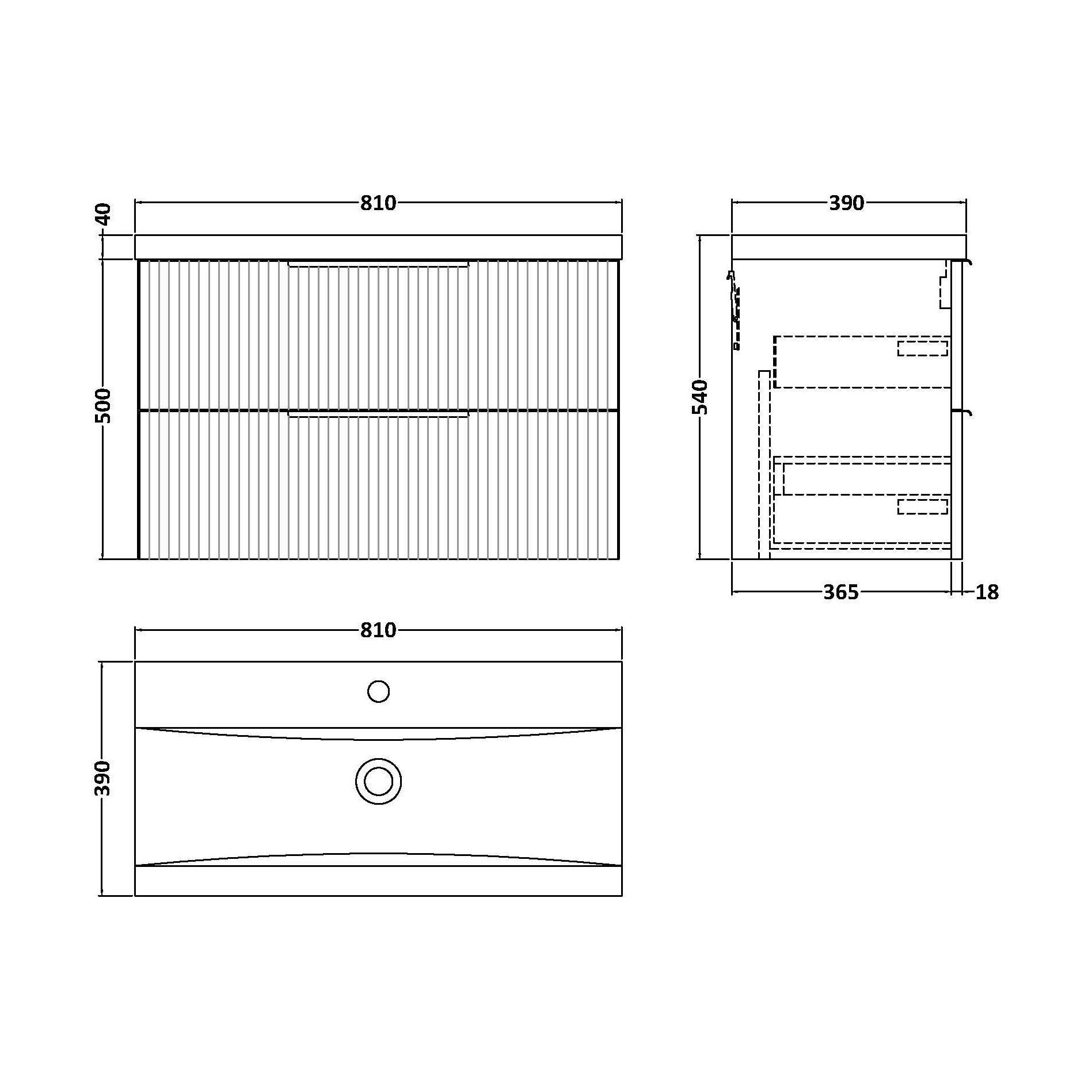 [BFFF295A] Tixall Fluted Front Wall Hung Vanity Basin Unit with Choice of Size, Colour and Handle Options - Technical Drawing
