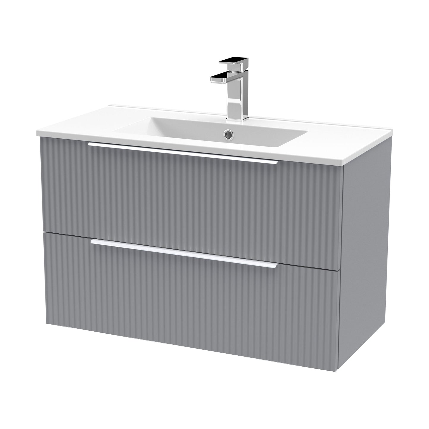 [BFFF295B] Tixall Fluted 2 Drawer Wall Hung Vanity Unit with Minimalist Basin, Satin Grey, 800mm - Cutout
