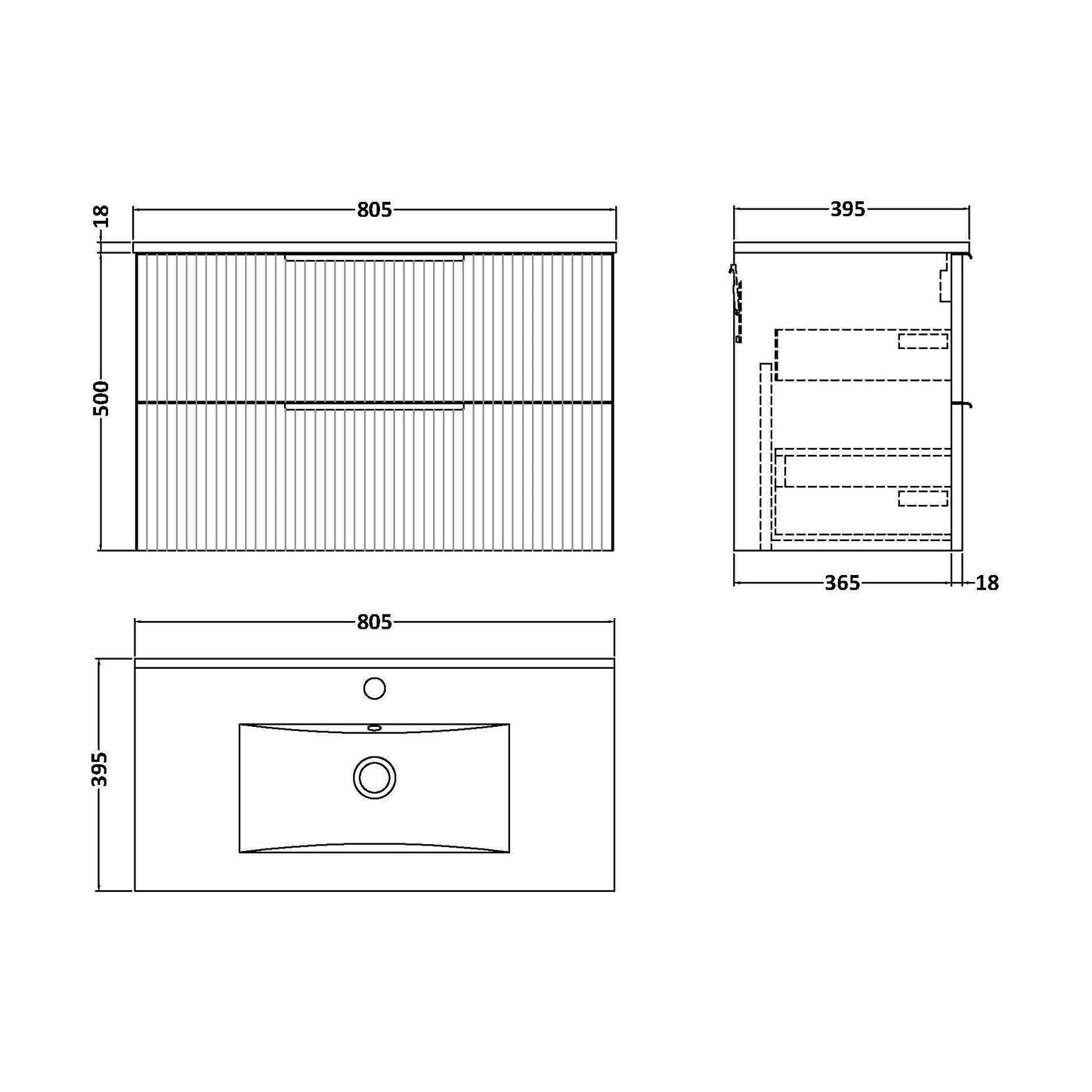 [BFFF295B] Tixall Fluted 2 Drawer Wall Hung Vanity Unit with Minimalist Basin, Satin Grey, 800mm - Technical Drawing