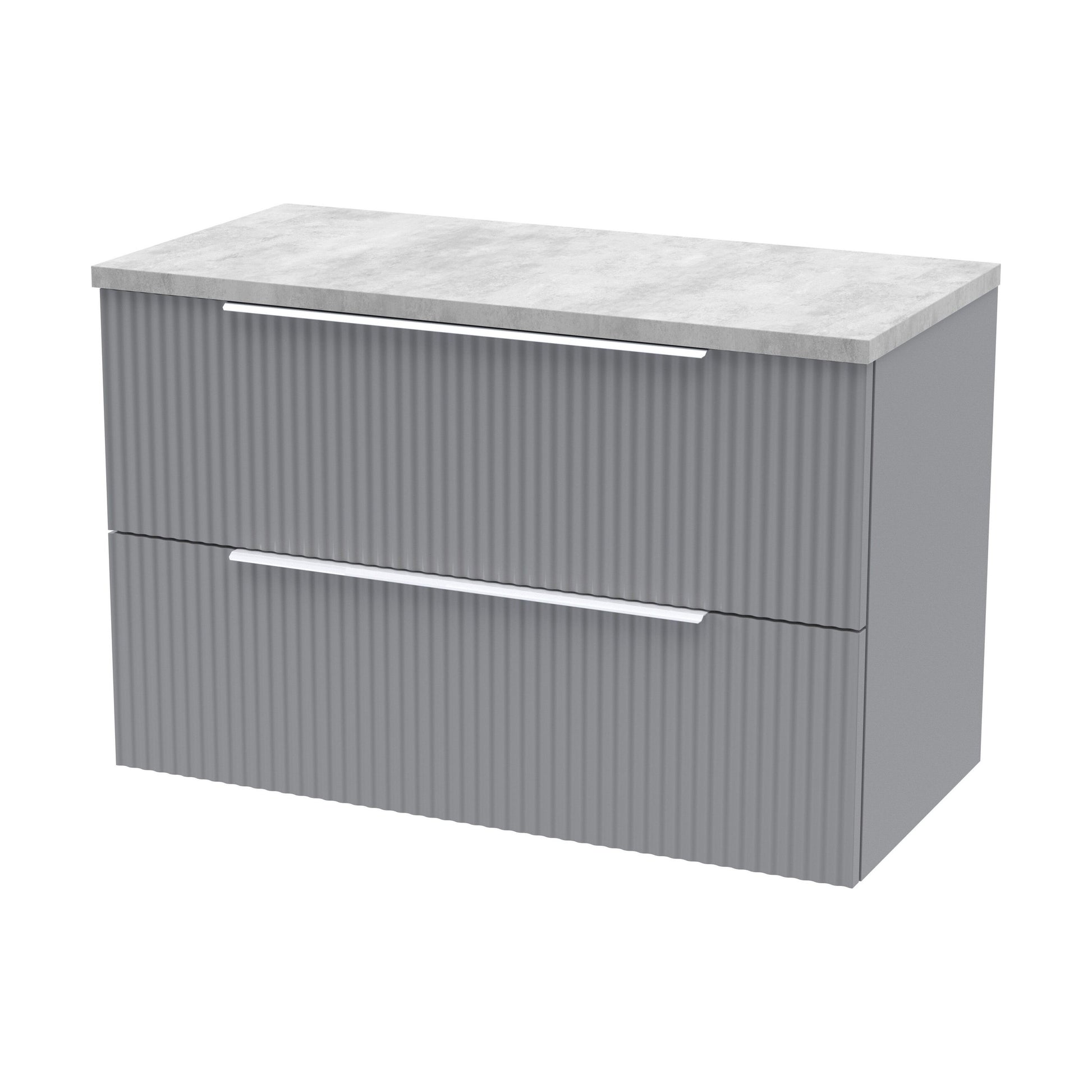[BFFF295LBG] Tixall Fluted 2 Drawer Wall Hung Vanity Unit with Laminate Worktop, Satin Grey, 800mm - Cutout
