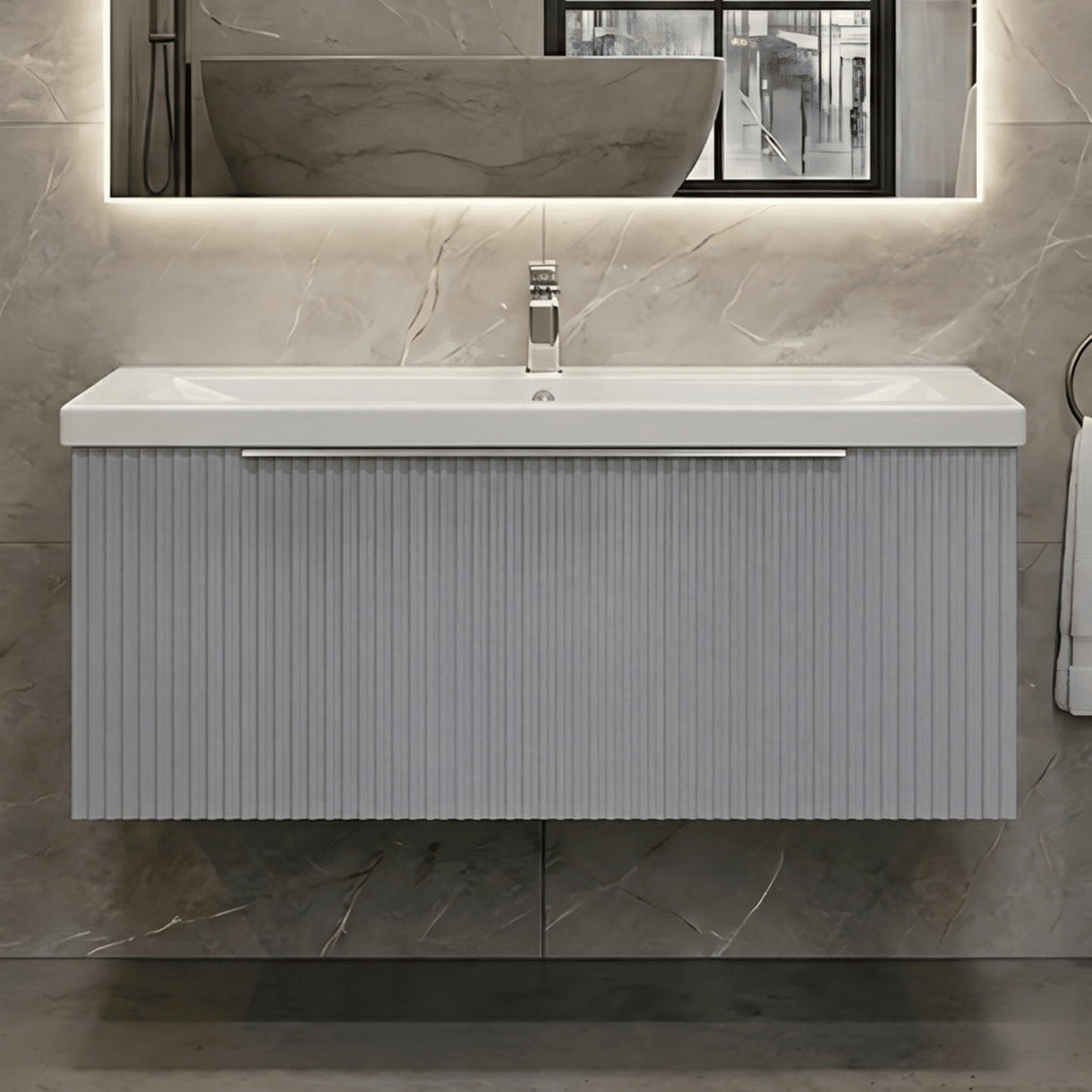 [BFFF296A] Tixall Fluted Front Wall Hung Vanity Basin Unit with Choice of Size, Colour and Handle Options - Silo