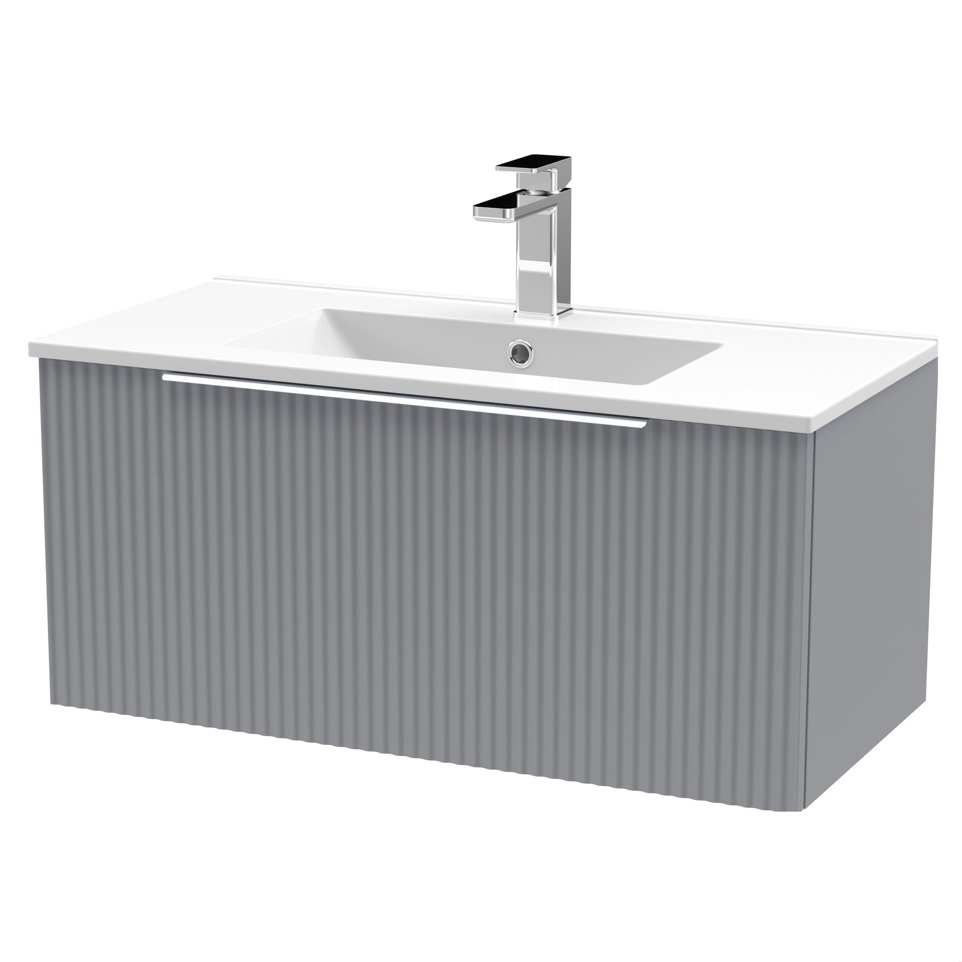 [BFFF296B] Tixall Fluted 1 Drawer Wall Hung Vanity Unit with Minimalist Basin, Satin Grey, 800mm - Cutout