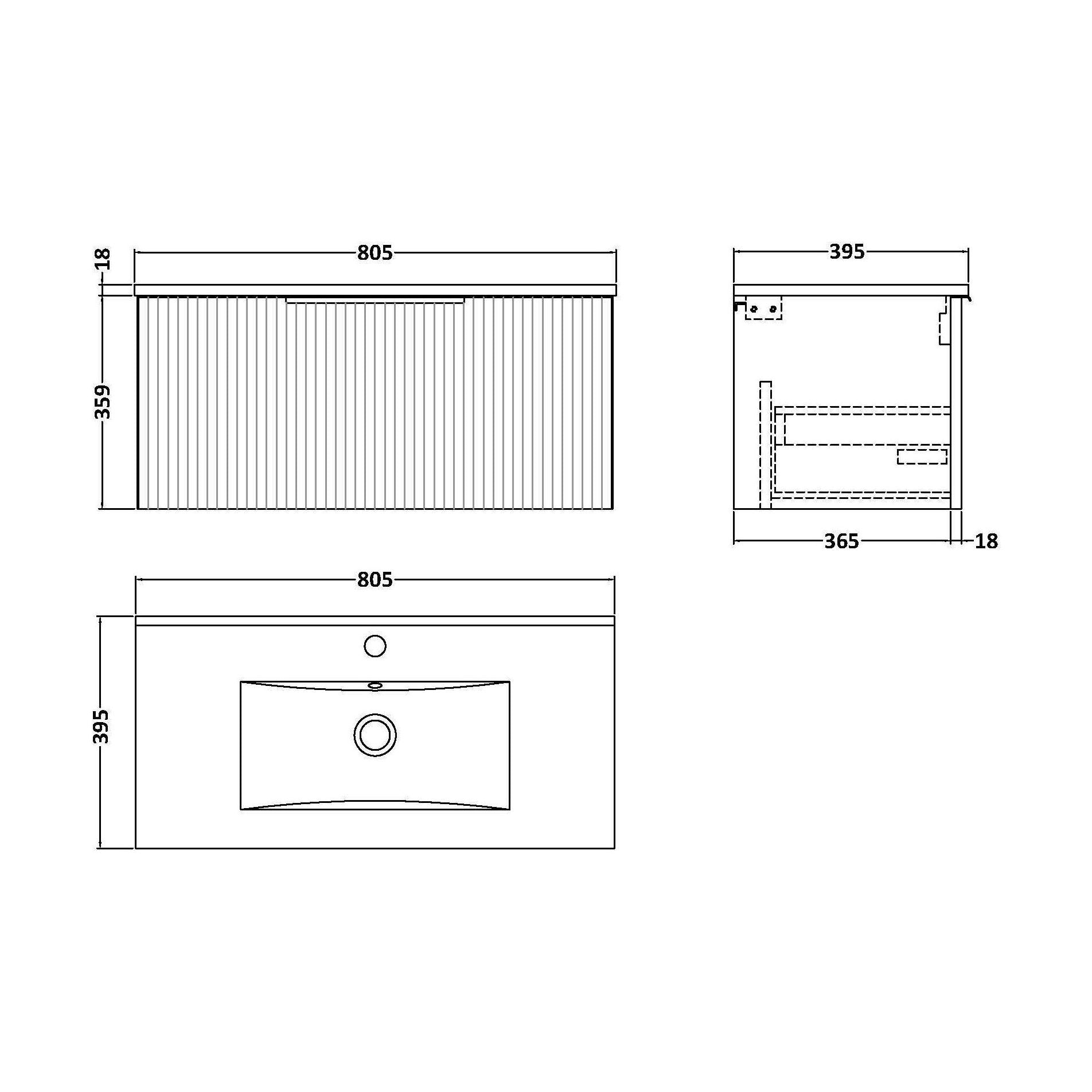 [BFFF296B] Tixall Fluted 1 Drawer Wall Hung Vanity Unit with Minimalist Basin, Satin Grey, 800mm - Technical Drawing