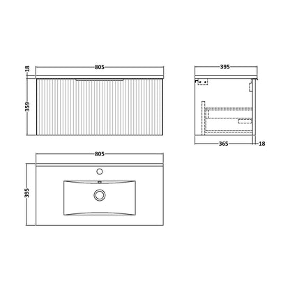 [BFFF296B] Tixall Fluted 1 Drawer Wall Hung Vanity Unit with Minimalist Basin, Satin Grey, 800mm - Technical Drawing