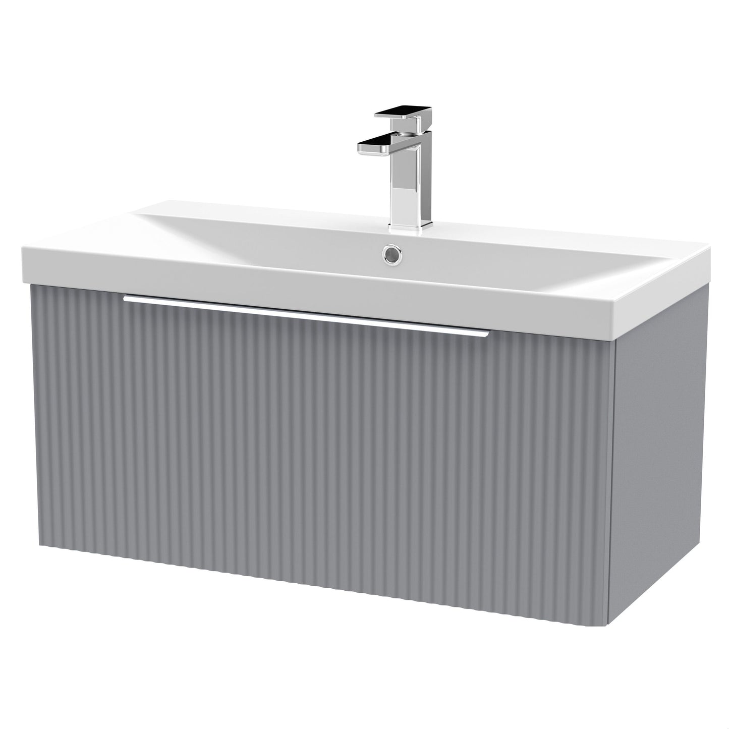 [BFFF296D] Tixall Fluted 1 Drawer Wall Hung Vanity Unit with Thin Edge Basin, Satin Grey, 800mm - Cutout