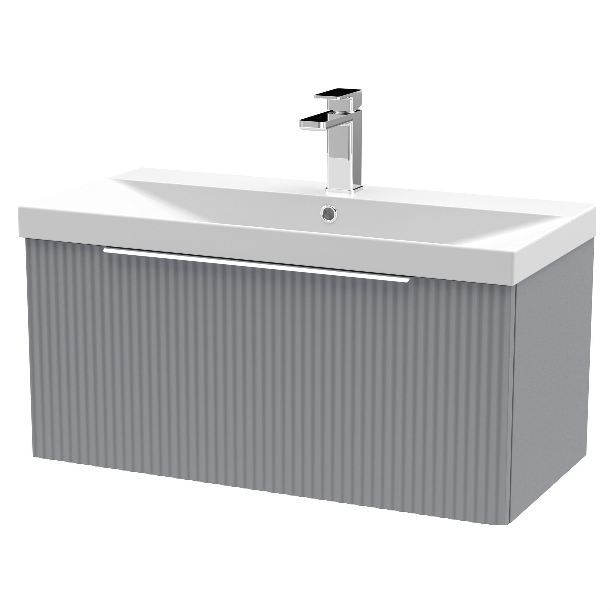 [BFFF296D] Tixall Fluted 1 Drawer Wall Hung Vanity Unit with Thin Edge Basin, Satin Grey, 800mm - Cutout