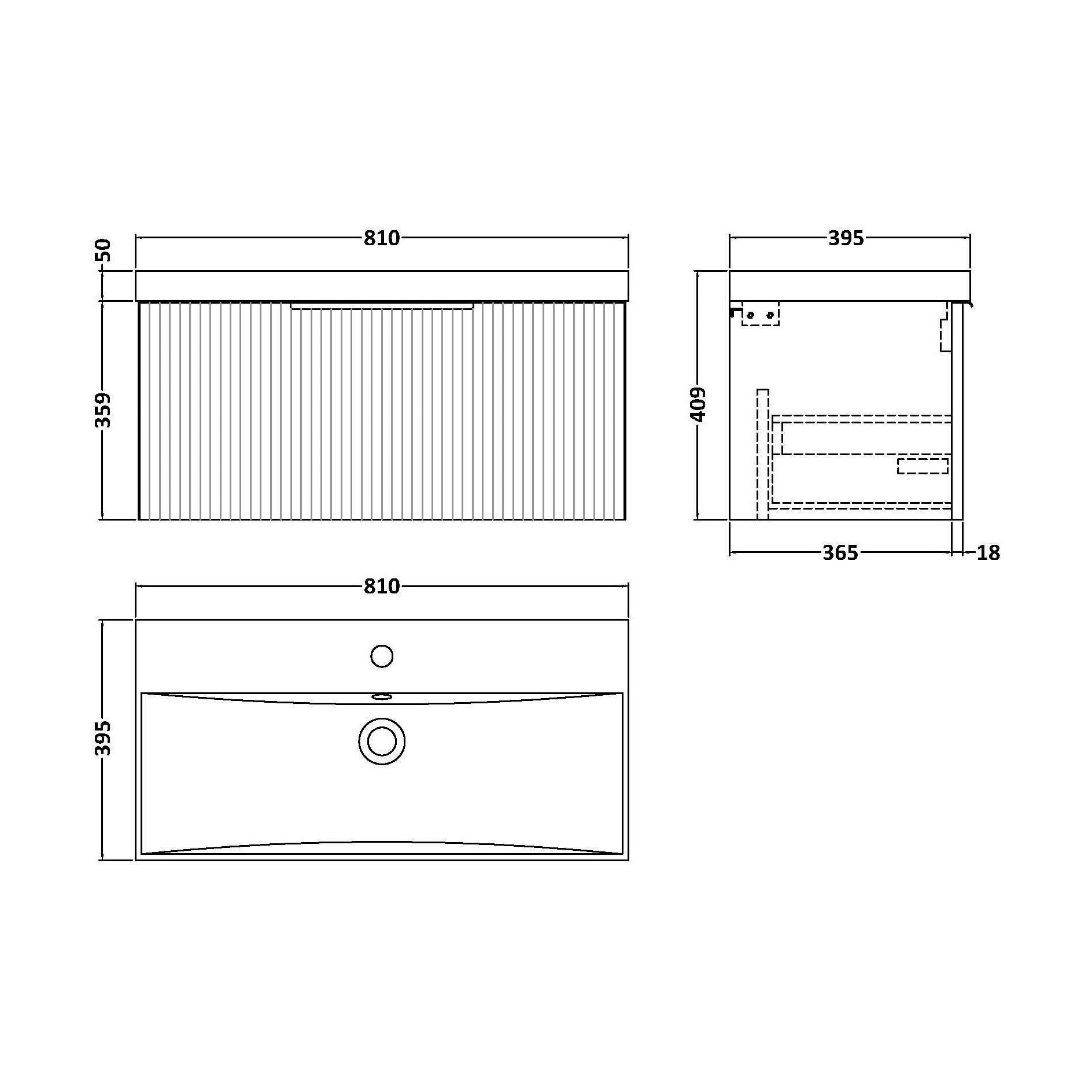[BFFF296D] Tixall Fluted 1 Drawer Wall Hung Vanity Unit with Thin Edge Basin, Satin Grey, 800mm - Technical Drawing