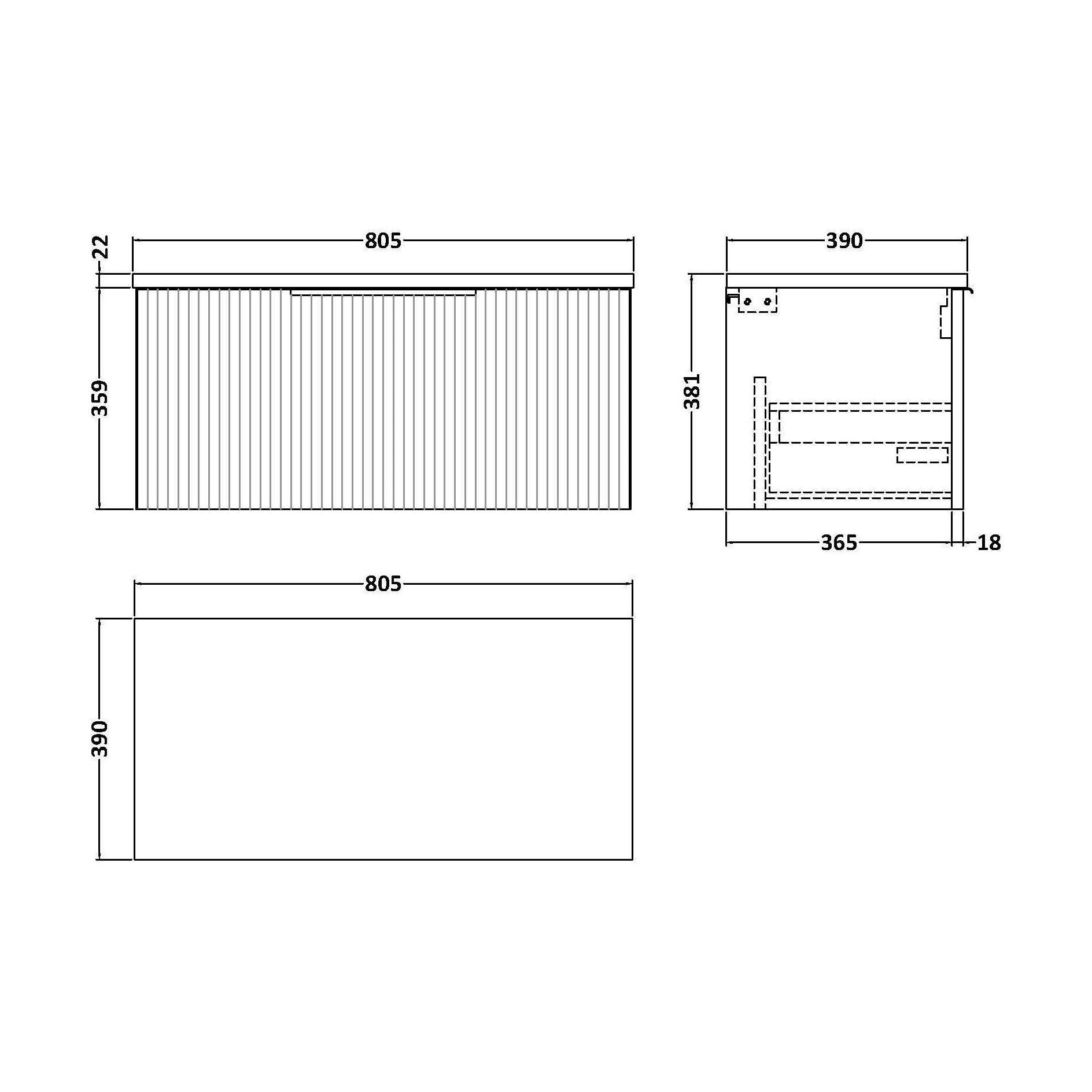 [BFFF296LCM] Tixall Fluted Wall Hung Vanity Unit with Laminate Worktop, Satin Grey, 800mm - Technical Drawing