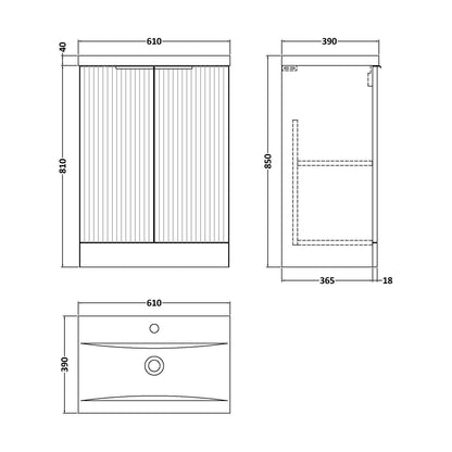 [BFFF325A] Tixall Fluted Front Floor Standing Vanity Basin Unit with Choice of Size, Colour and Handle Options - Technical Drawing