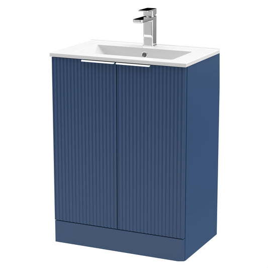 [BFFF325B] Tixall Fluted 2 Door Floor Standing Vanity Unit with Minimalist Basin, Satin Blue, 600mm - Cutout