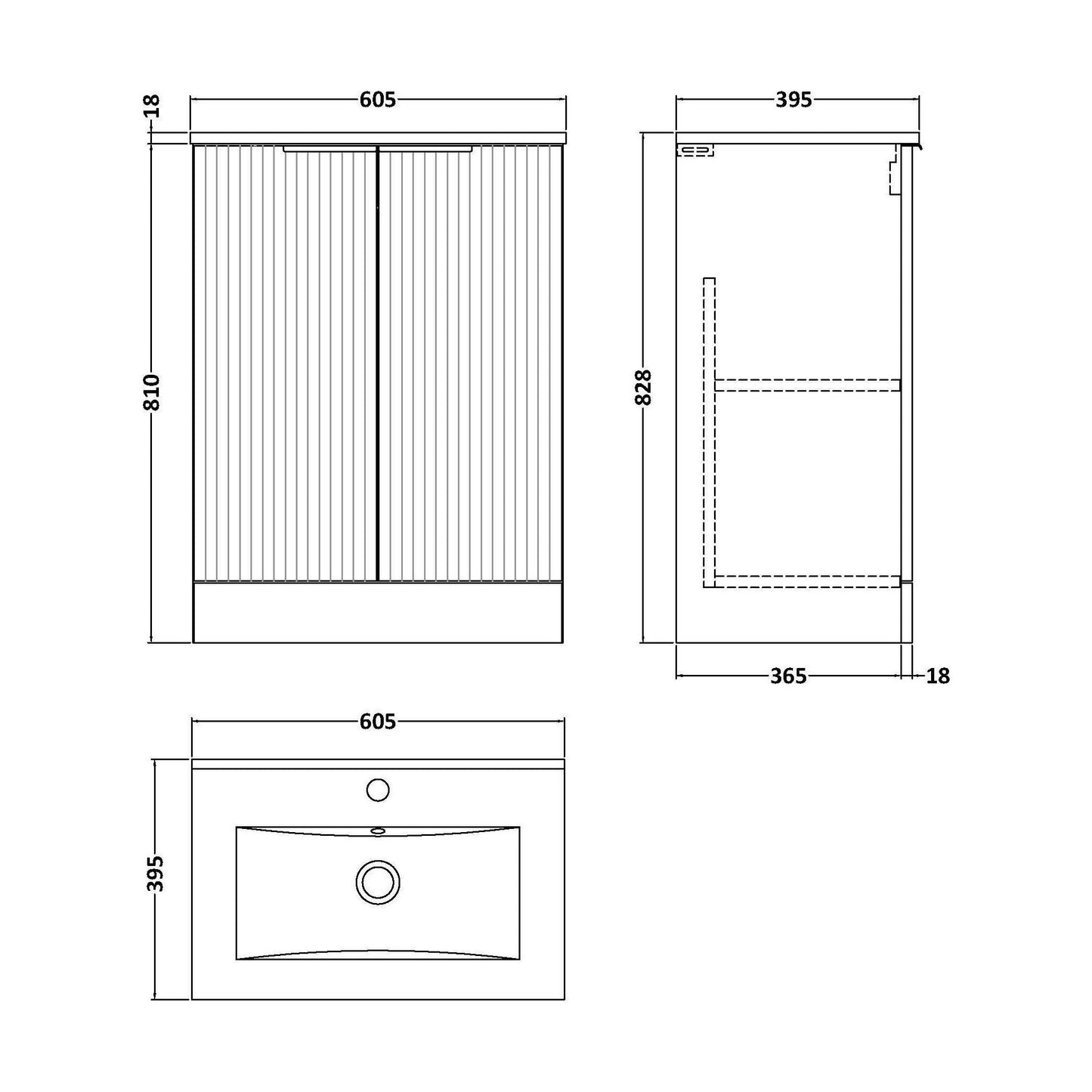 [BFFF325B] Tixall Fluted 2 Door Floor Standing Vanity Unit with Minimalist Basin, Satin Blue, 600mm - Technical Drawing