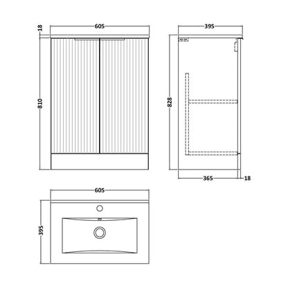 [BFFF325B] Tixall Fluted 2 Door Floor Standing Vanity Unit with Minimalist Basin, Satin Blue, 600mm - Technical Drawing