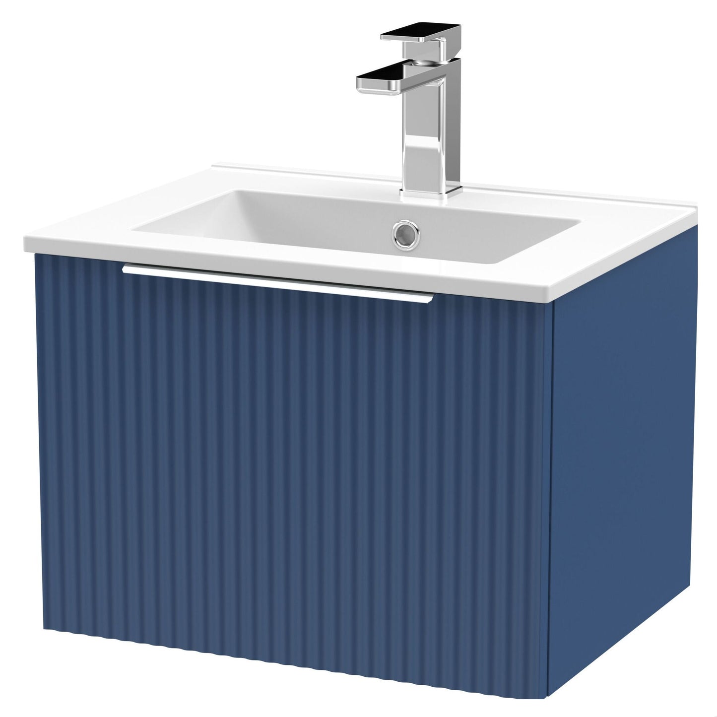 [BFFF391B] Tixall Fluted 1 Drawer Wall Hung Vanity Unit with Minimalist Basin, Satin Blue, 500mm - Cutout