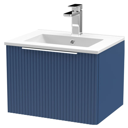 [BFFF391B] Tixall Fluted 1 Drawer Wall Hung Vanity Unit with Minimalist Basin, Satin Blue, 500mm - Cutout