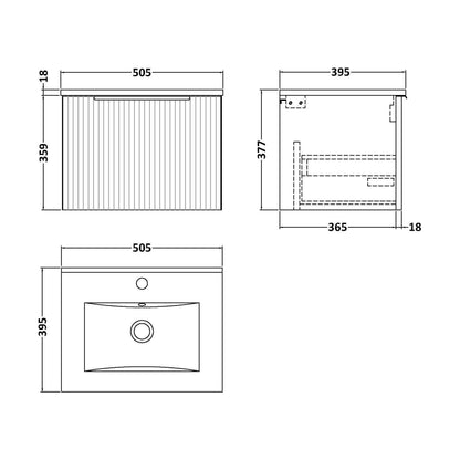 [BFFF391B] Tixall Fluted 1 Drawer Wall Hung Vanity Unit with Minimalist Basin, Satin Blue, 500mm - Technical Drawing