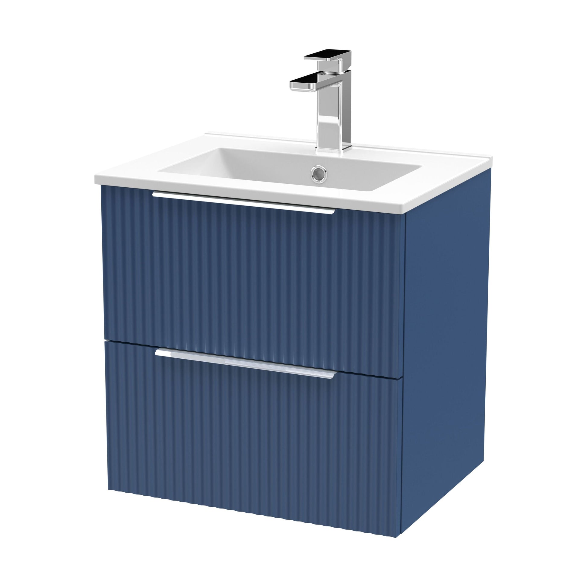 [BFFF392B] Tixall Fluted 2 Drawer Wall Hung Vanity Unit with Minimalist Basin, Satin Blue, 500mm - Cutout