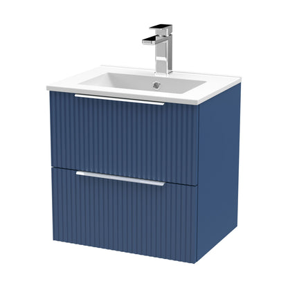 [BFFF392B] Tixall Fluted 2 Drawer Wall Hung Vanity Unit with Minimalist Basin, Satin Blue, 500mm - Cutout