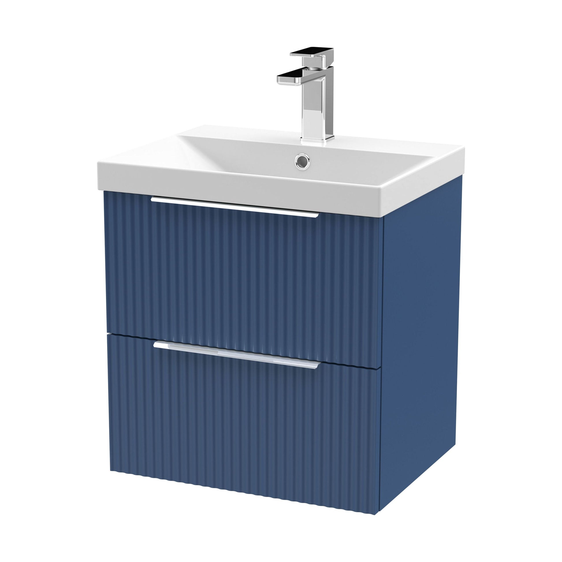 [BFFF392D] Tixall Fluted 2 Drawer Wall Hung Vanity Unit with Thin Edge Basin, Satin Blue, 500mm - Cutout