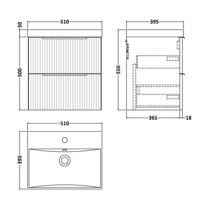 [BFFF392D] Tixall Fluted 2 Drawer Wall Hung Vanity Unit with Thin Edge Basin, Satin Blue, 500mm - Technical Drawing