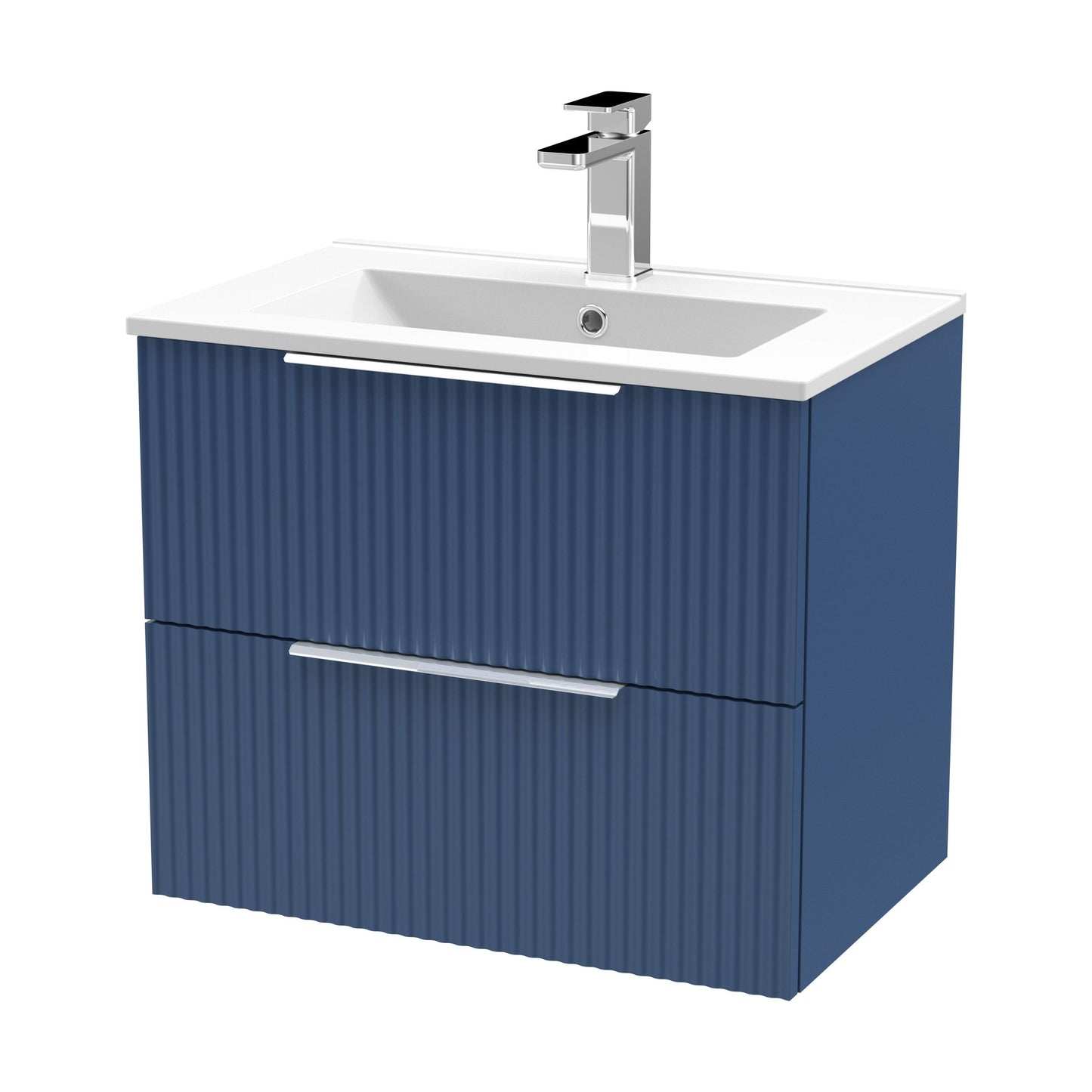[BFFF393B] Tixall Fluted 2 Drawer Wall Hung Vanity Unit with Minimalist Basin, Satin Blue, 600mm - Cutout