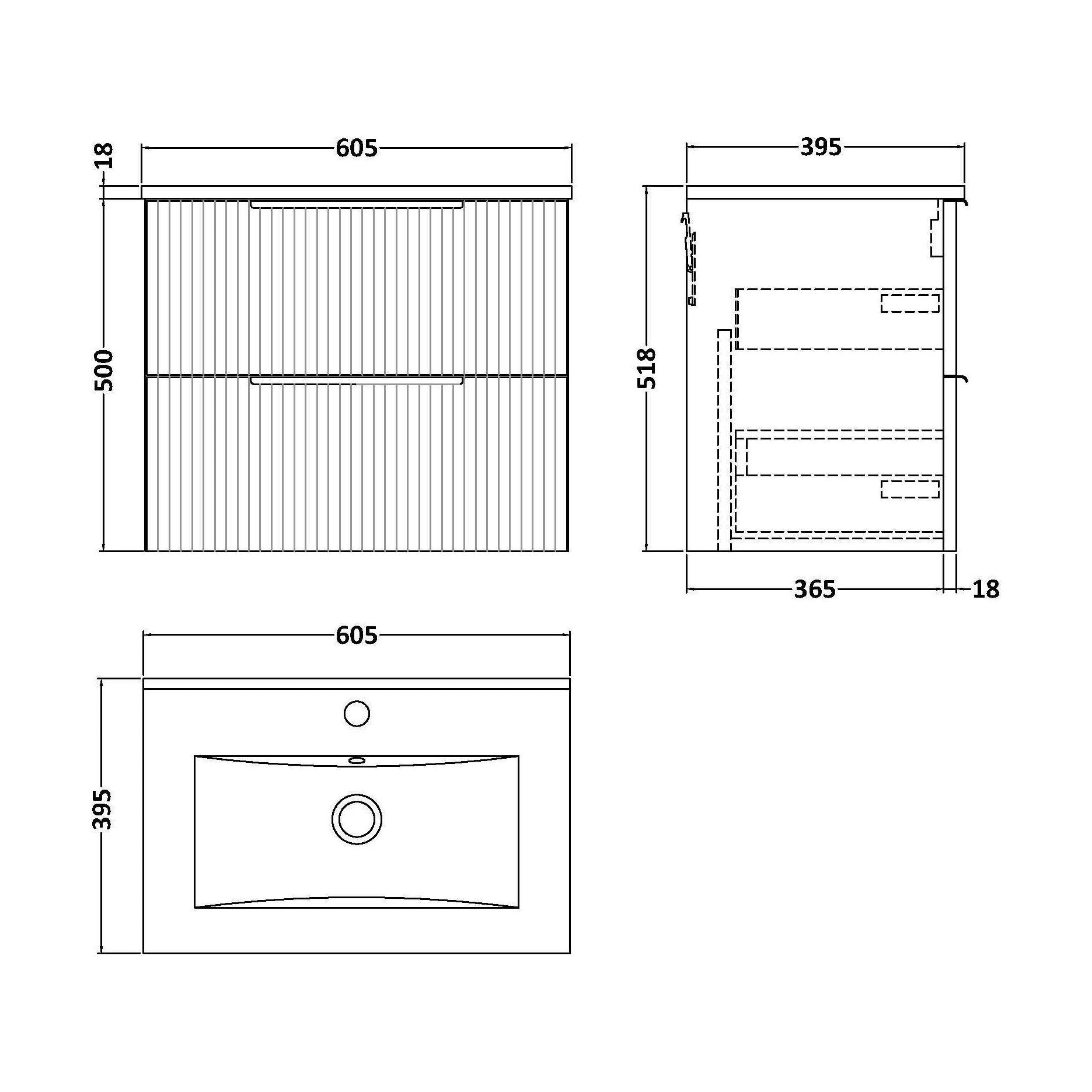 [BFFF393B] Tixall Fluted 2 Drawer Wall Hung Vanity Unit with Minimalist Basin, Satin Blue, 600mm - Technical Drawing