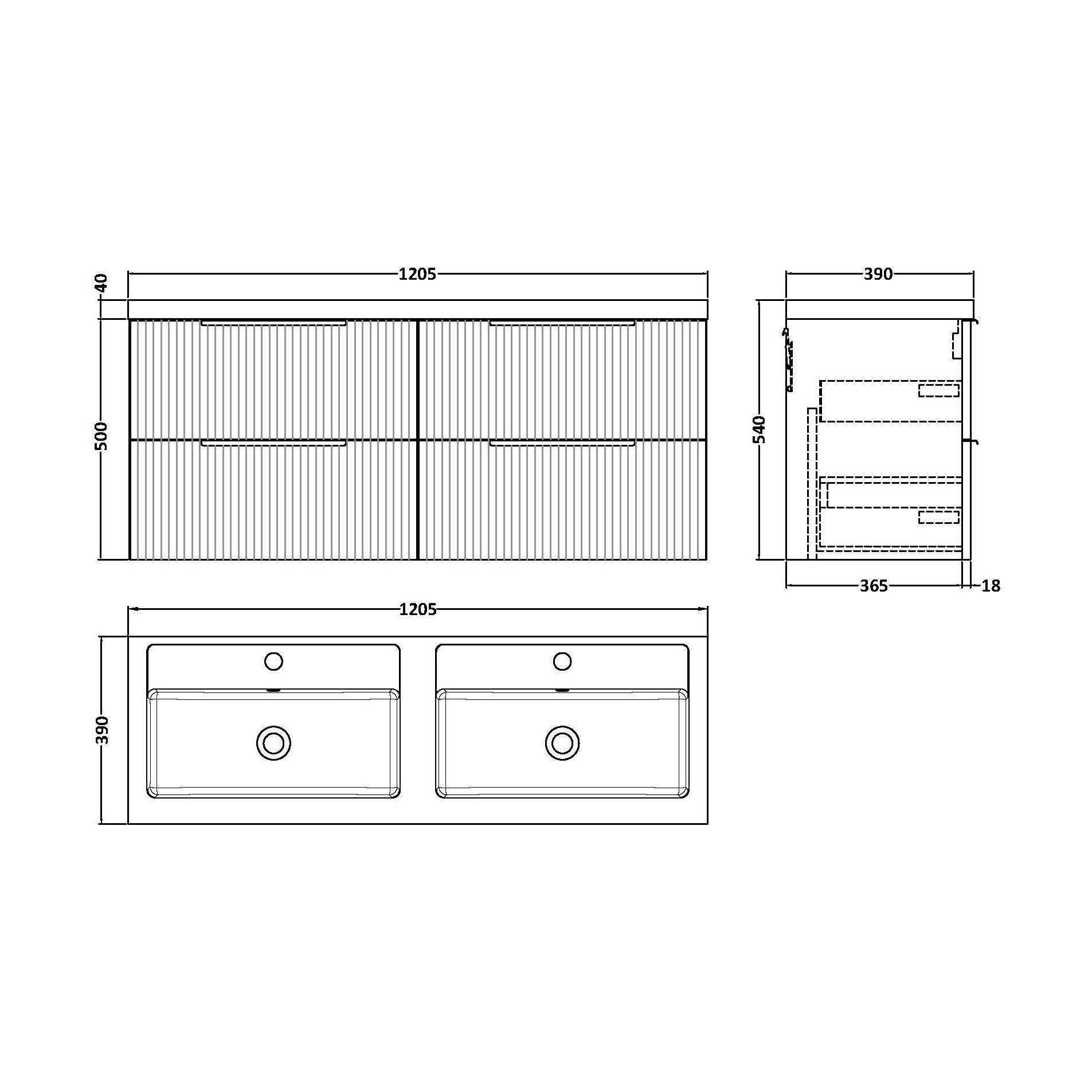 [BFFF393C] Tixall Fluted Front Wall Hung Vanity Basin Unit with Choice of Size, Colour and Handle Options - Technical Drawing