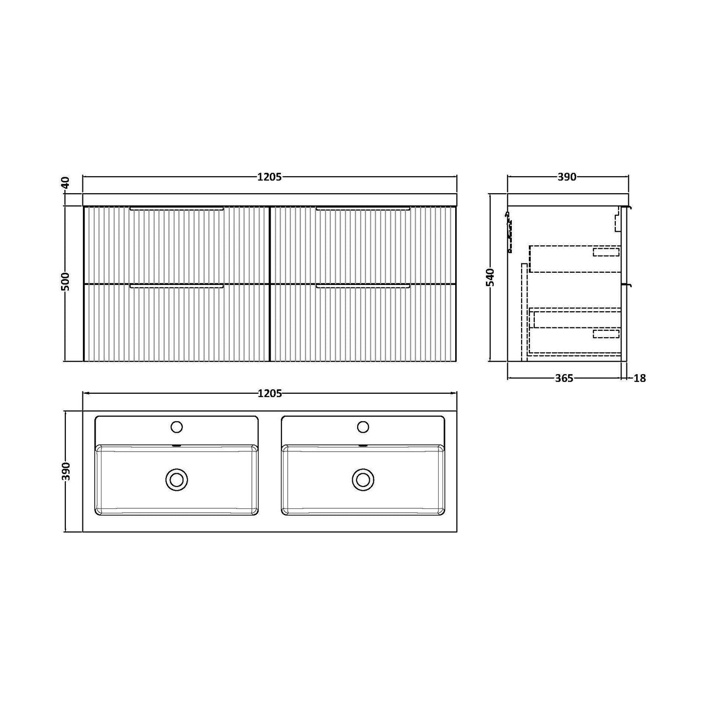 [BFFF393C] Tixall Fluted Front Wall Hung Vanity Basin Unit with Choice of Size, Colour and Handle Options - Technical Drawing