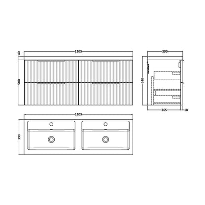 [BFFF393C] Tixall Fluted Front Wall Hung Vanity Basin Unit with Choice of Size, Colour and Handle Options - Technical Drawing