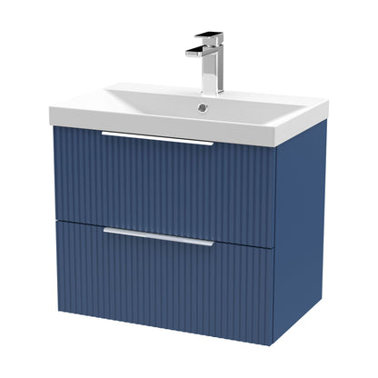 [BFFF393D] Tixall Fluted 2 Drawer Wall Hung Vanity Unit with Thin Edge Basin, Satin Blue, 600mm - Cutout