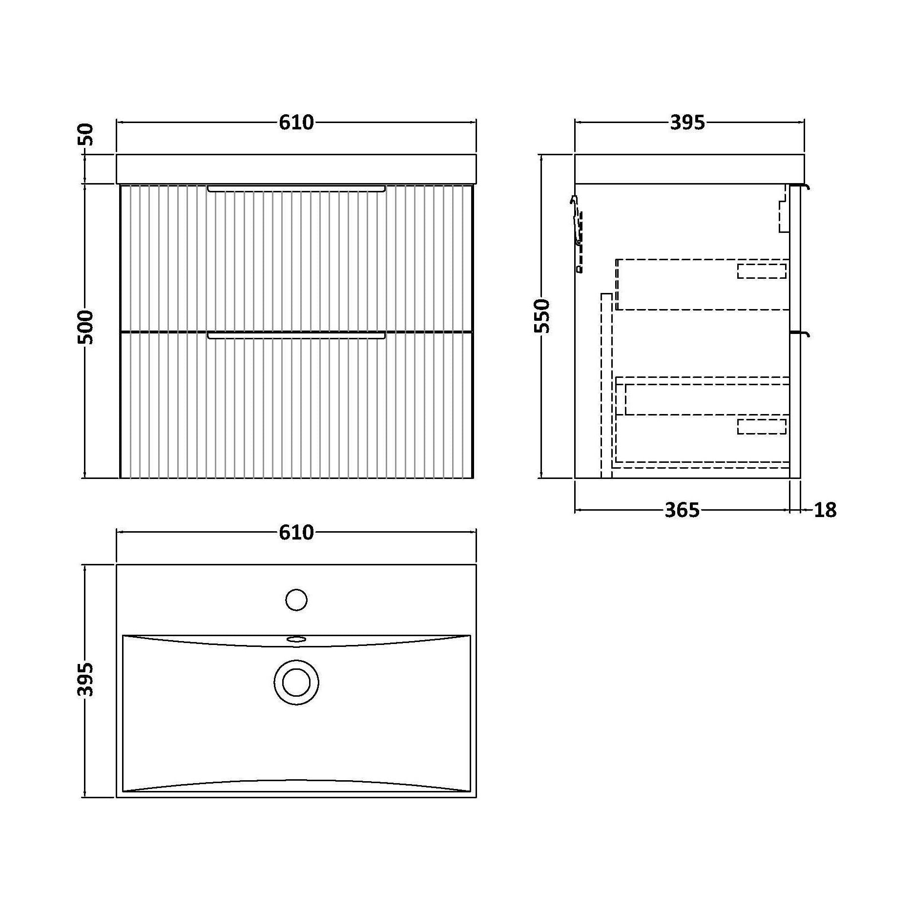[BFFF393D] Tixall Fluted 2 Drawer Wall Hung Vanity Unit with Thin Edge Basin, Satin Blue, 600mm - Technical Drawing