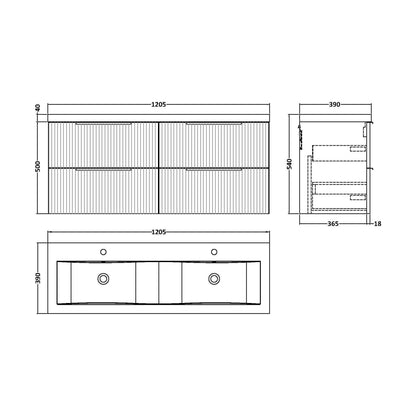 [BFFF393F] Tixall Fluted 4 Drawer Wall Hung Vanity Unit with Double Basin, Satin Blue, 1200mm - Technical Drawing